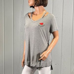 * Miss Chievous "One in a Melon" Women's Striped Cut Out V-Neck Top Sz L
